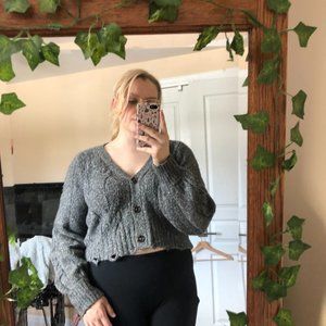 Cropped Button-Up Bishop Sleeve Sweater